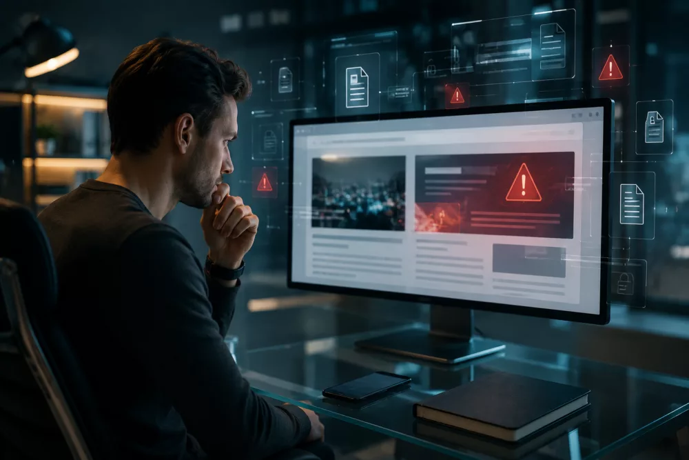 Osoba analizująca podejrzaną ofertę pożyczki na monitorze w nowoczesnym biurze z elementami cyberbezpieczeństwa