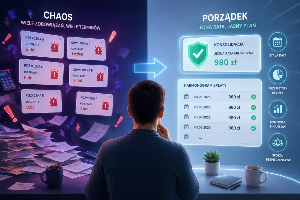 Nowoczesna grafika fintech pokazująca chaos wielu terminów spłat kontra uporządkowany harmonogram