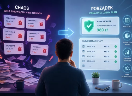 Nowoczesna grafika fintech pokazująca chaos wielu terminów spłat kontra uporządkowany harmonogram
