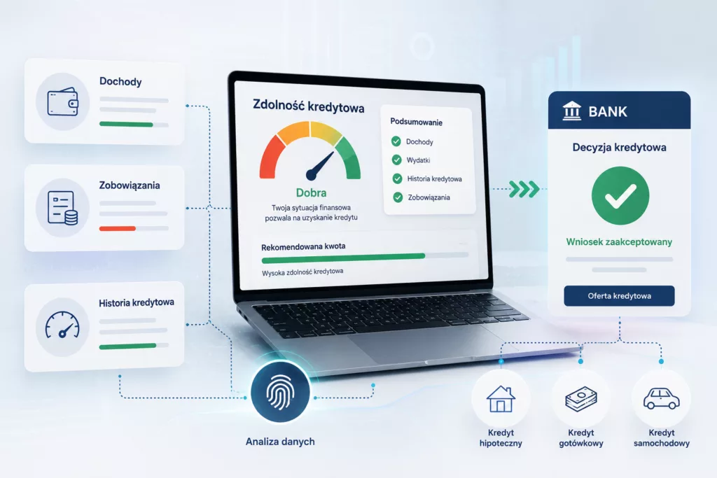 Nowoczesna grafika fintech pokazująca zdolność kredytową, zobowiązania i decyzję banku.Nowoczesna grafika fintech pokazująca zdolność kredytową, zobowiązania i decyzję banku.
