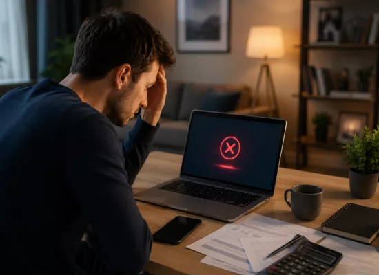 Osoba patrząca na negatywną decyzję kredytową na laptopie.