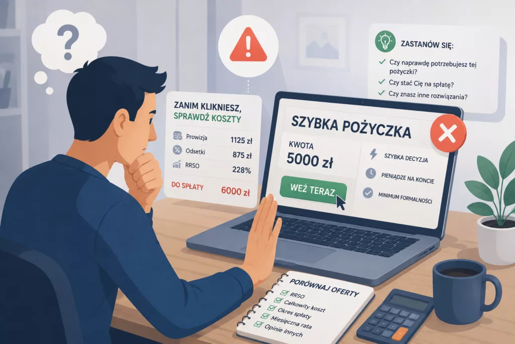 Osoba zatrzymująca się przed kliknięciem szybkiej pożyczki online i analizująca koszty