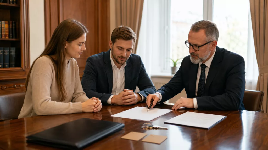 Kupujący i sprzedający podpisujący akt notarialny dotyczący mieszkania obciążonego hipoteką.