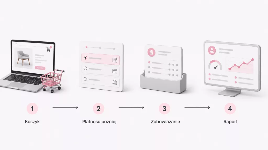 Schemat pokazujący drogę płatności odroczonej od zakupu do Raportu BIK.