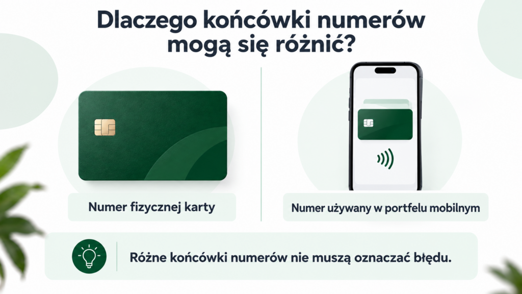 Fizyczna karta i telefon z objaśnieniem, że mogą używać różnych numerów płatniczych.