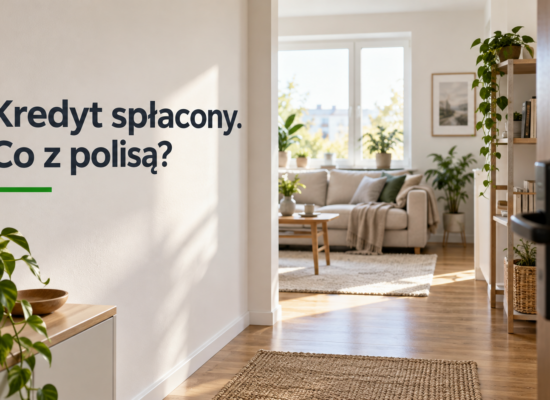 Jasne wnętrze mieszkania z napisem „Kredyt spłacony. Co z polisą?”