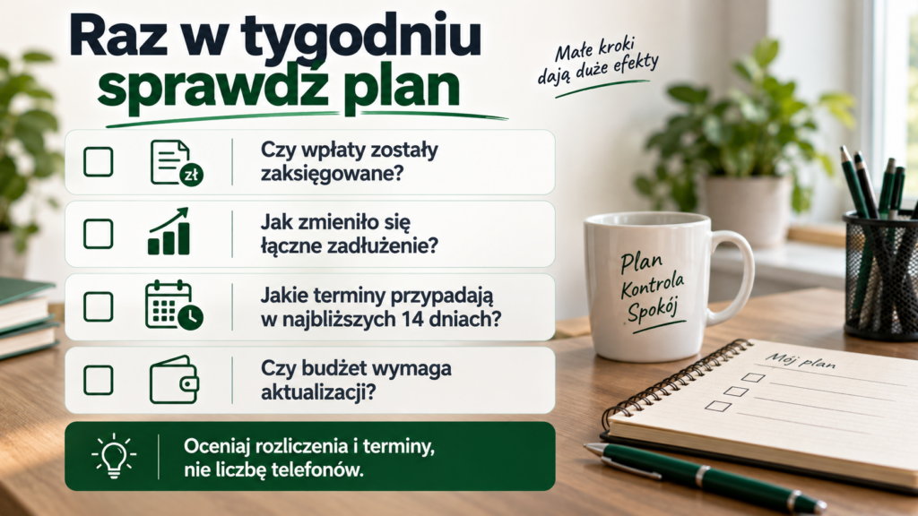 Cotygodniowa kontrola planu: księgowanie wpłat, łączne zadłużenie, najbliższe terminy i zmiany budżetu.