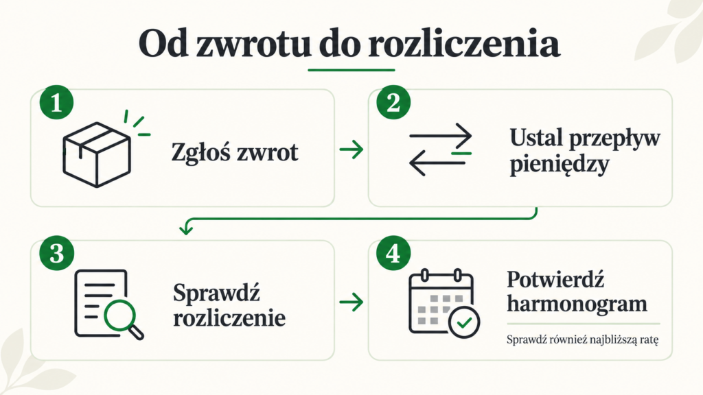Cztery etapy: zgłoszenie zwrotu, ustalenie przepływu pieniędzy, sprawdzenie rozliczenia i potwierdzenie harmonogramu.
