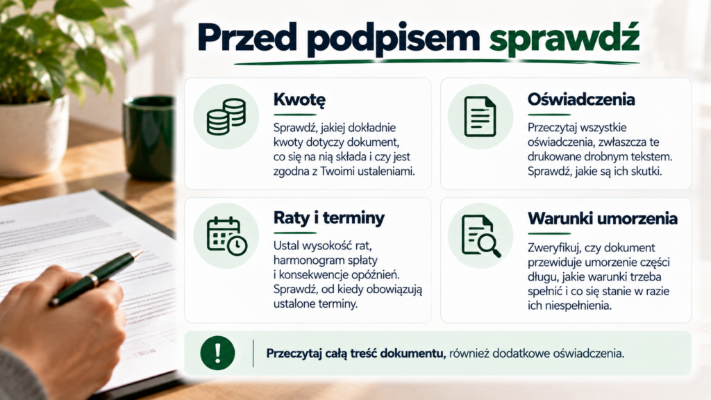 Cztery elementy dokumentu do sprawdzenia: kwota, oświadczenia, raty i warunki umorzenia