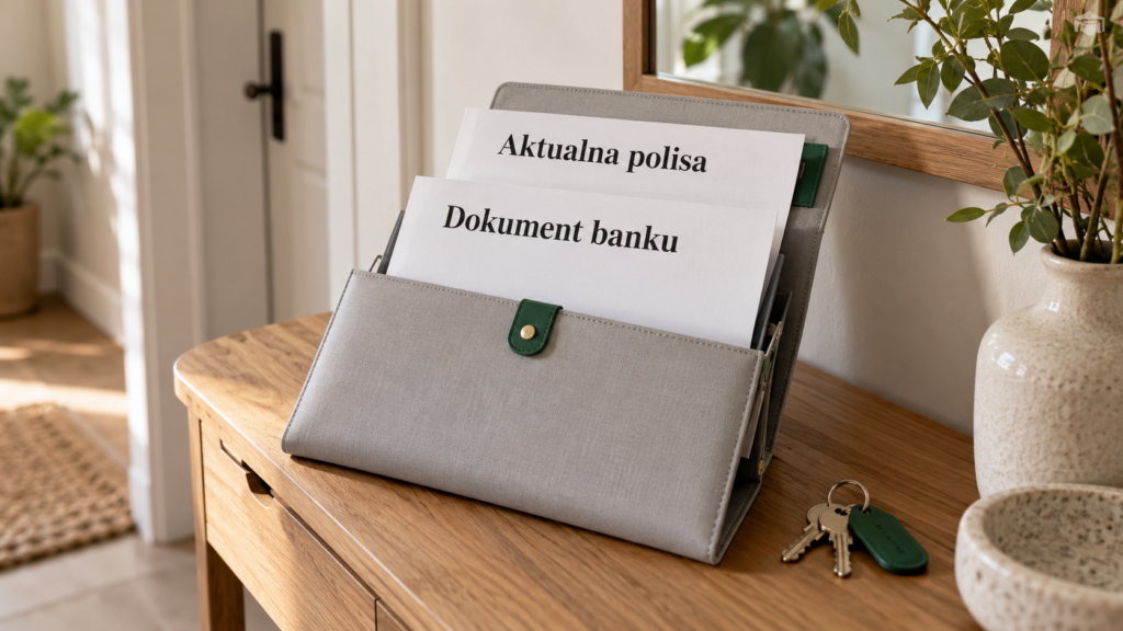 Otwarta teczka z kartami opisanymi „Dokument banku” i „Aktualna polisa”