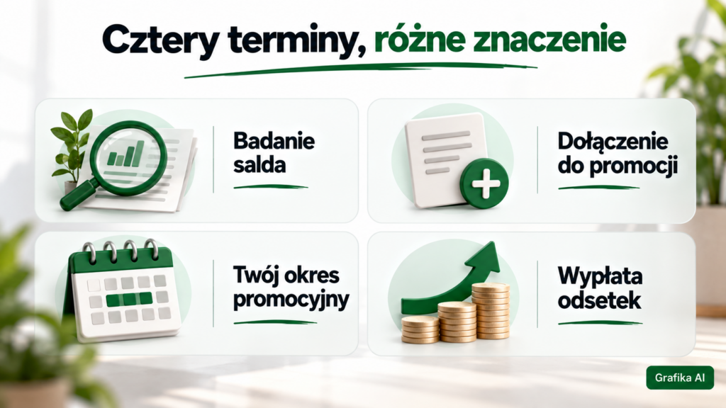 Cztery pola: badanie salda, dołączenie, okres promocyjny i wypłata odsetek