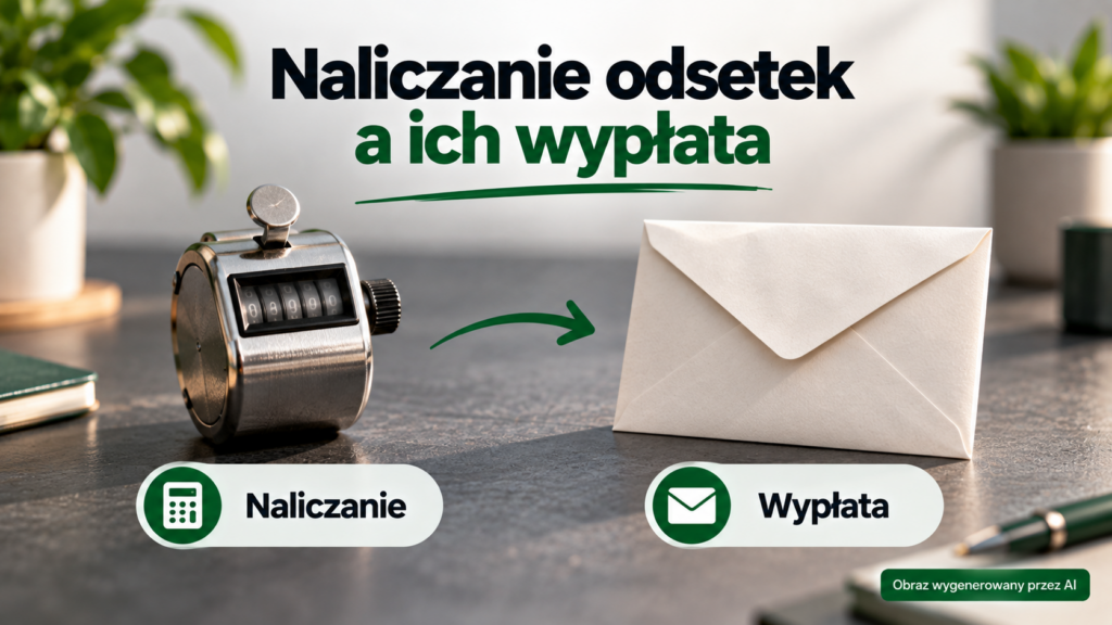 Mechaniczny licznik i zamknięta koperta ilustrujące naliczanie i wypłatę odsetek