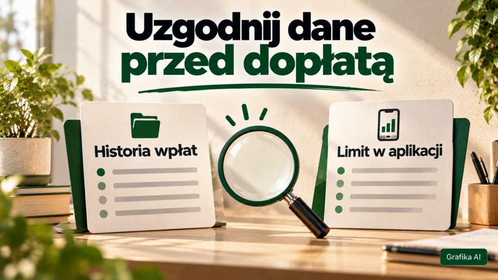 Dwie ilustracyjne karty „Historia wpłat” i „Limit w aplikacji” obok symbolu lupy.