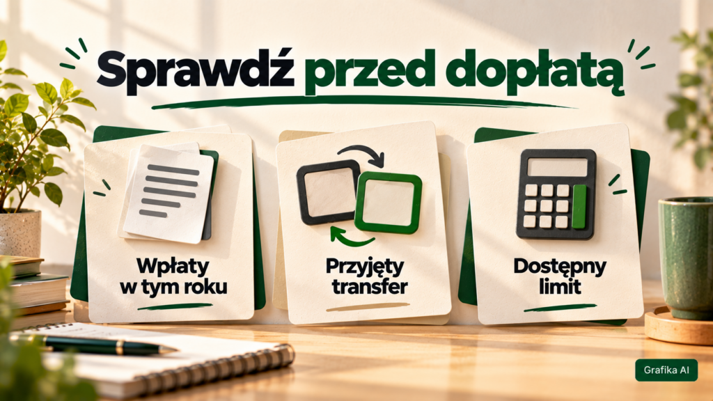 Trzy pola z napisami „Wpłaty w tym roku”, „Przyjęty transfer” i „Dostępny limit”.