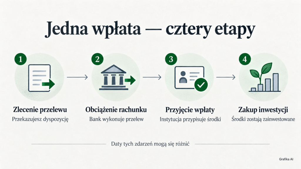 Kolejne etapy: zlecenie przelewu, obciążenie rachunku, przyjęcie wpłaty i zakup inwestycji.