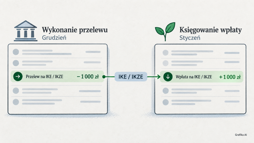 Ilustracja wpłaty na konto emerytalne z grudniową datą wykonania i styczniową datą księgowania.