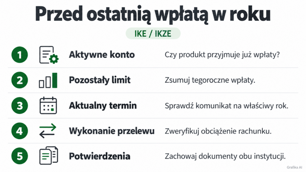 Pięć kontroli przed wpłatą: aktywne konto, pozostały limit, aktualny termin, wykonanie przelewu i potwierdzenia.