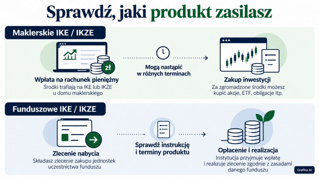 Porównanie wpłaty na rachunek maklerski IKE lub IKZE z obsługą zlecenia w produkcie funduszowym.