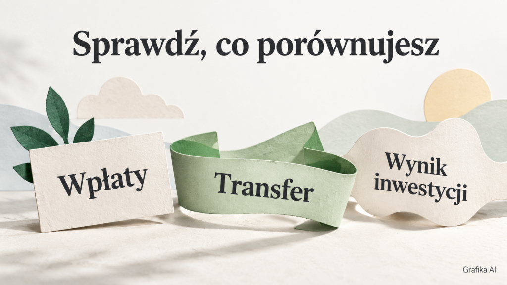 Trzy różne papierowe formy podpisane „Wpłaty”, „Transfer” i „Wynik inwestycji”.
