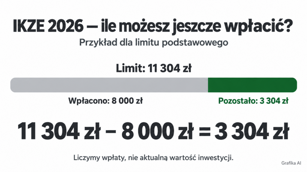 Przykład IKZE 2026: limit 11 304 zł, wcześniejsze wpłaty 8 000 zł, pozostały limit 3 304 zł.