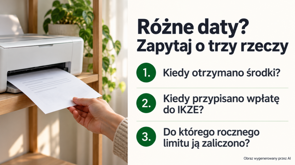 Wydruk obok trzech pytań o datę otrzymania środków, przypisania wpłaty i wykorzystany roczny limit.