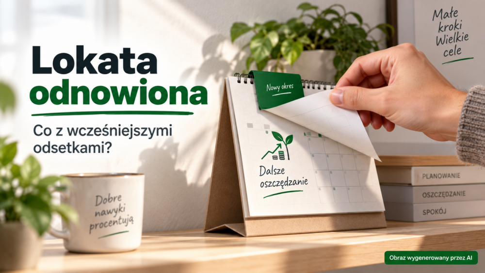 Dłoń przewracająca stronę papierowego kalendarza obok napisu „Lokata odnowiona”.