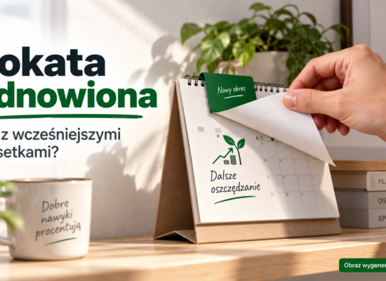 Dłoń przewracająca stronę papierowego kalendarza obok napisu „Lokata odnowiona”.