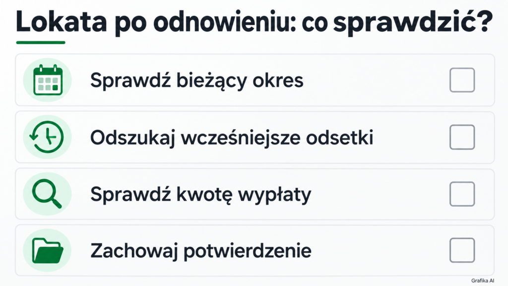 Lista czterech czynności: sprawdzenie okresu, odszukanie odsetek, sprawdzenie wypłaty i zapisanie potwierdzenia.
