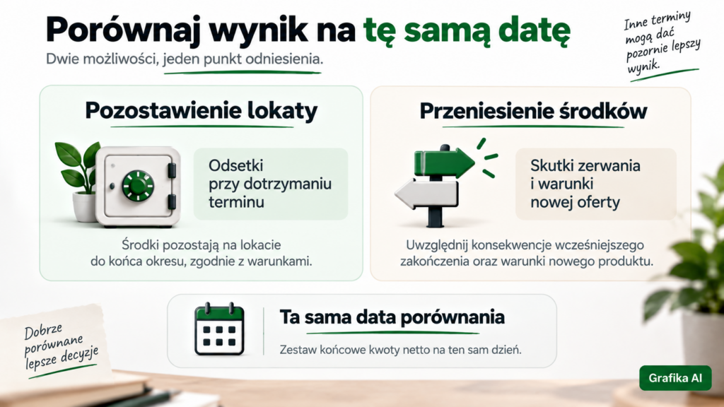 Dwa warianty oszczędzania porównane na tę samą datę: pozostawienie lokaty i przeniesienie środków.