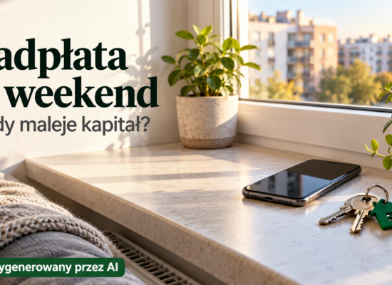 Telefon i klucze do mieszkania na parapecie, obok pytanie o weekendową nadpłatę kredytu