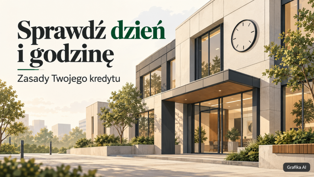 Architektoniczna ilustracja budynku z zegarem i napisem o sprawdzeniu dnia oraz godziny