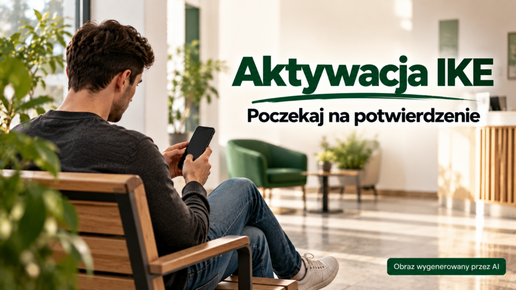 Osoba siedząca w jasnej poczekalni i trzymająca telefon z niewidocznym ekranem.