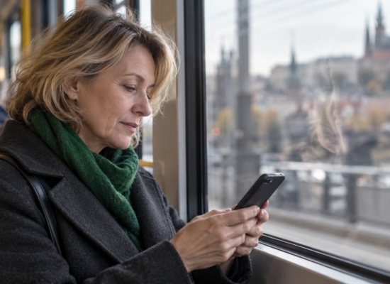 Kobieta siedząca przy oknie tramwaju i czytająca wiadomość na telefonie.