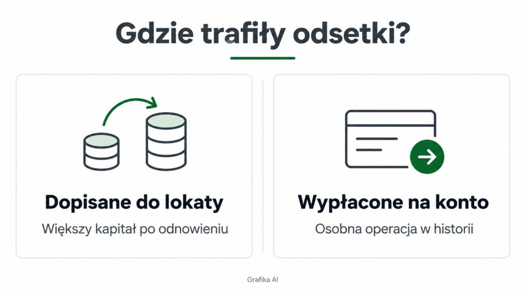 Dwa warianty rozliczenia odsetek: dopisanie do kapitału lokaty albo wypłata na osobny rachunek.