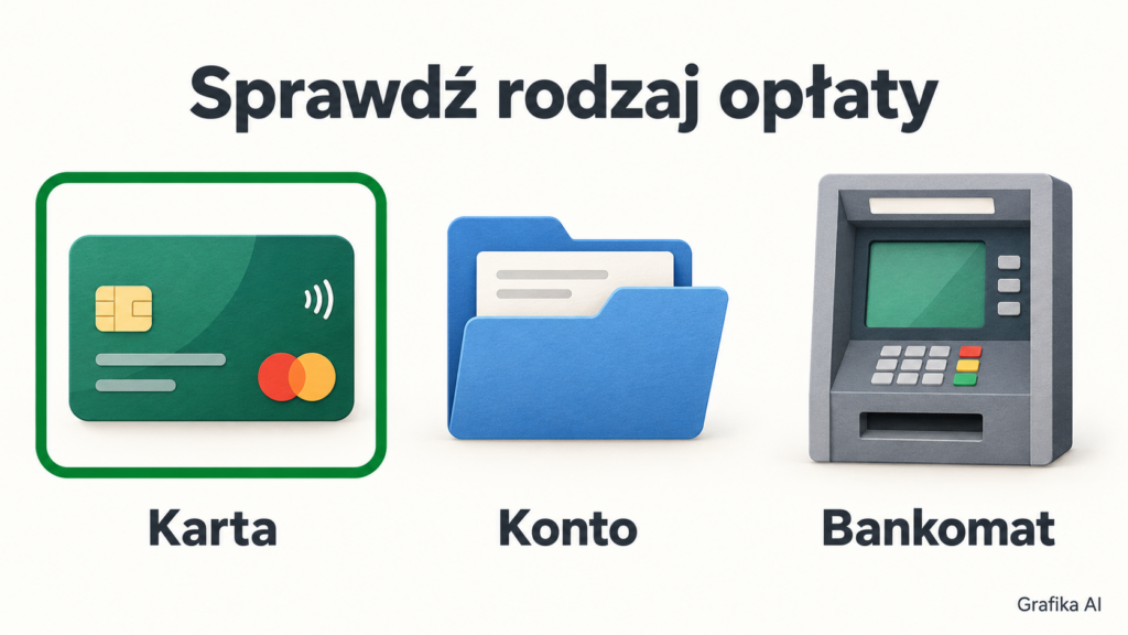 Symbole karty, konta i bankomatu z wyróżnioną opłatą za kartę