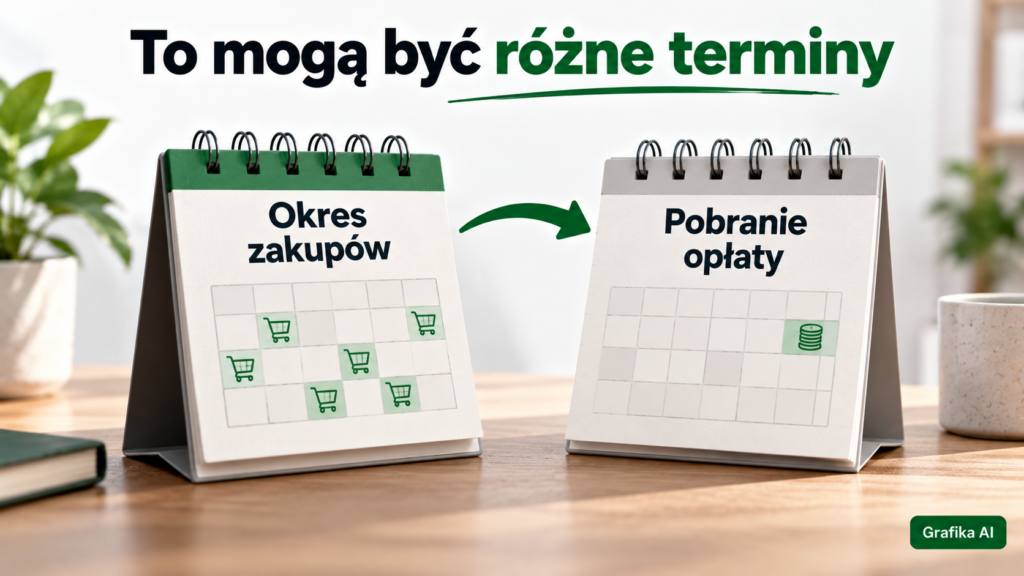 Dwie kartki kalendarza opisane jako okres zakupów i pobranie opłaty