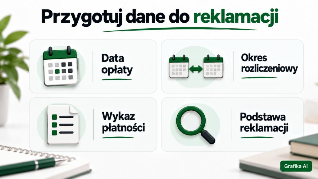 Cztery pola z informacjami potrzebnymi do reklamacji opłaty za kartę