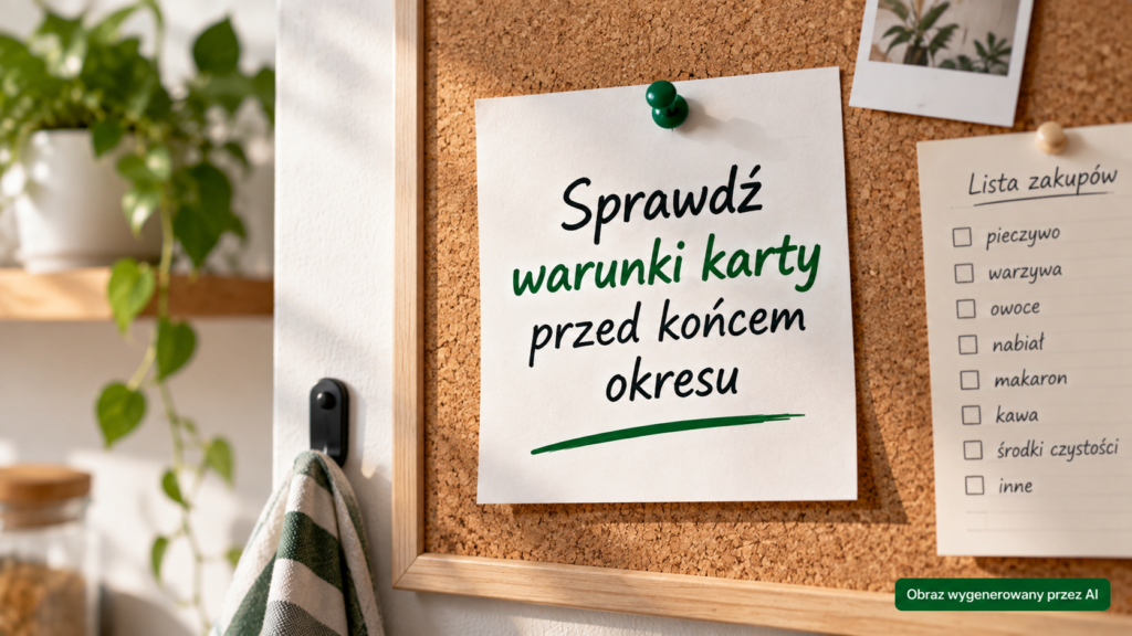 Kartka z przypomnieniem o sprawdzeniu warunków karty na domowej tablicy