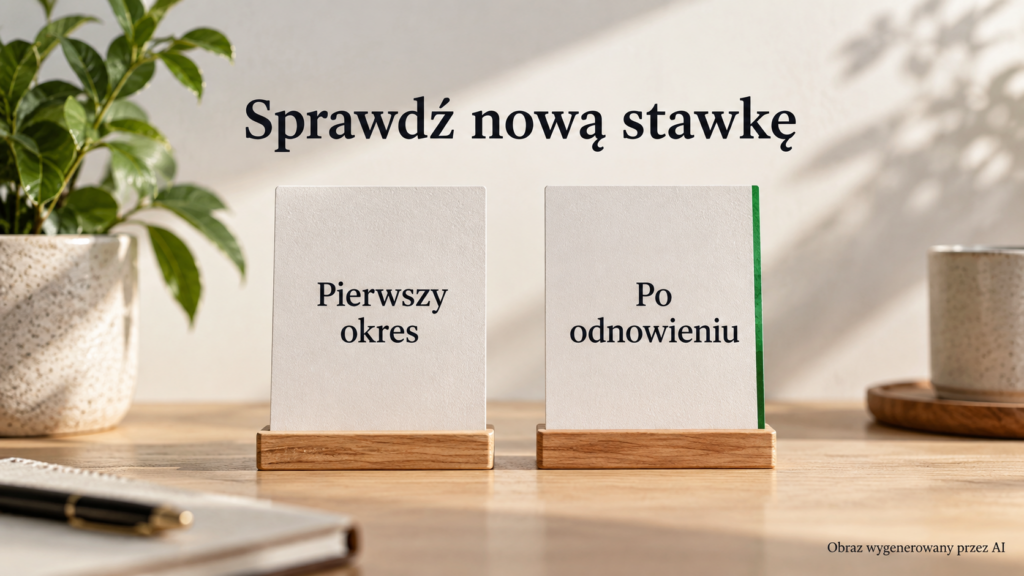 Dwie papierowe karty oznaczające pierwszy i kolejny okres lokaty z przypomnieniem o sprawdzeniu nowej stawki.
