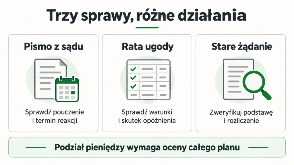Trzy sytuacje do sprawdzenia: pismo z sądu i termin reakcji, rata ugody i jej warunki oraz stare żądanie i dokumenty.
