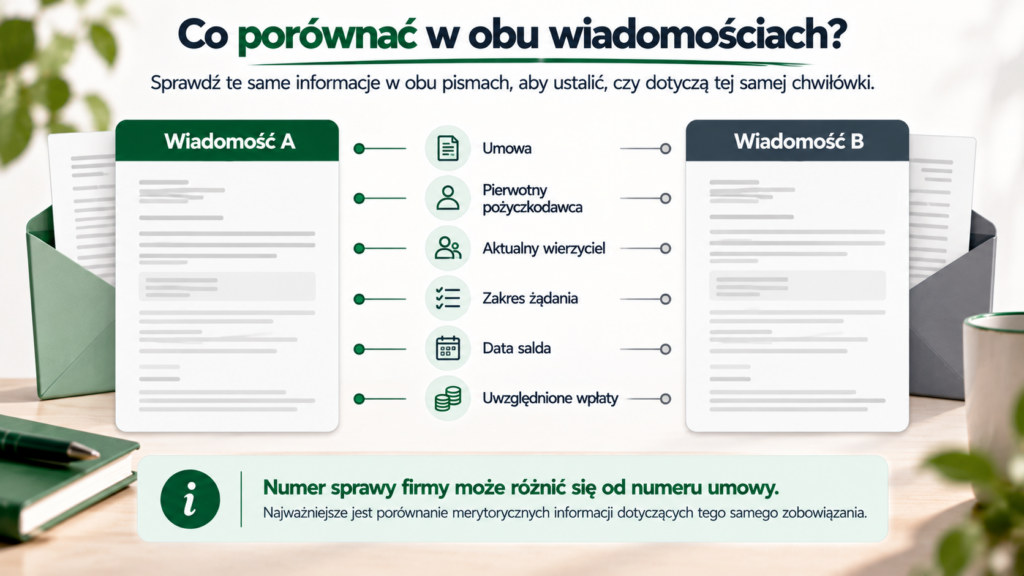 Zestawienie informacji do porównania w wiadomościach dwóch firm: umowa, wierzyciel, saldo i wpłaty.