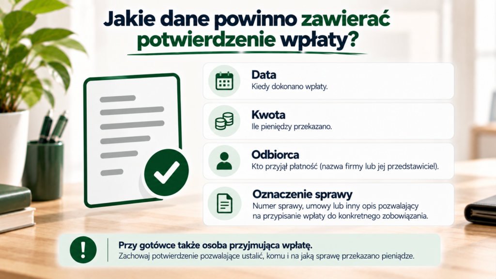 Elementy potwierdzenia wpłaty: data, kwota, odbiorca i oznaczenie sprawy