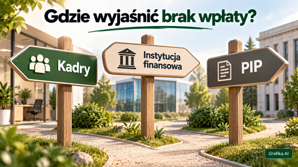 Ilustrowane drogowskazy z napisami kadry, instytucja finansowa i PIP