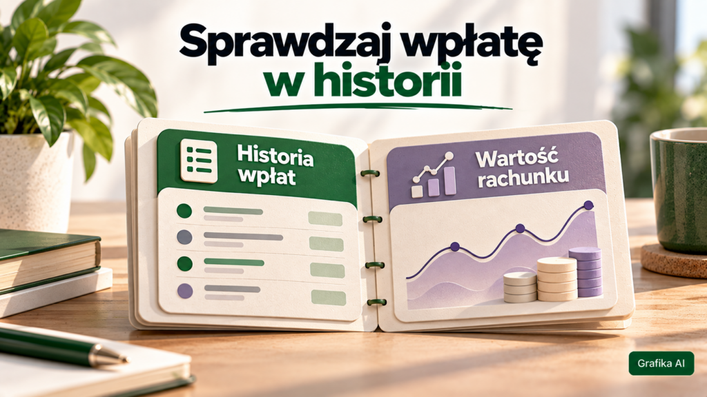 Otwarta ilustrowana książeczka z hasłami historia wpłat i wartość rachunku