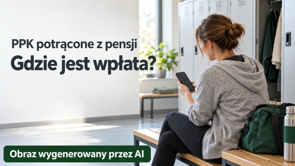 Osoba sprawdzająca telefon po pracy, obok napis o brakującej wpłacie do PPK
