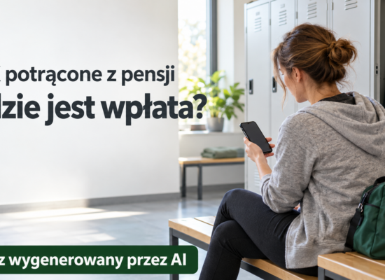 Osoba sprawdzająca telefon po pracy, obok napis o brakującej wpłacie do PPK