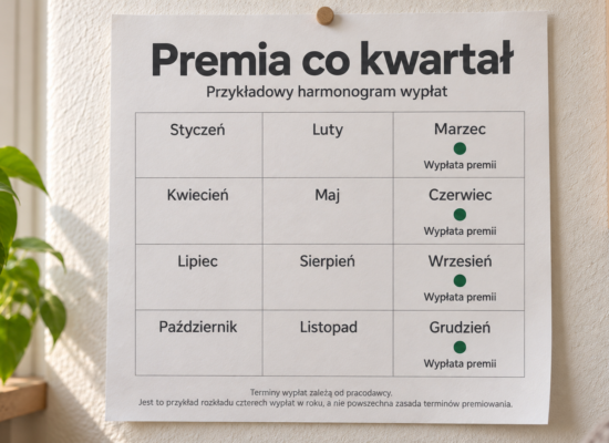 Ścienny planer z dwunastoma polami i czterema zaznaczonymi terminami premii.