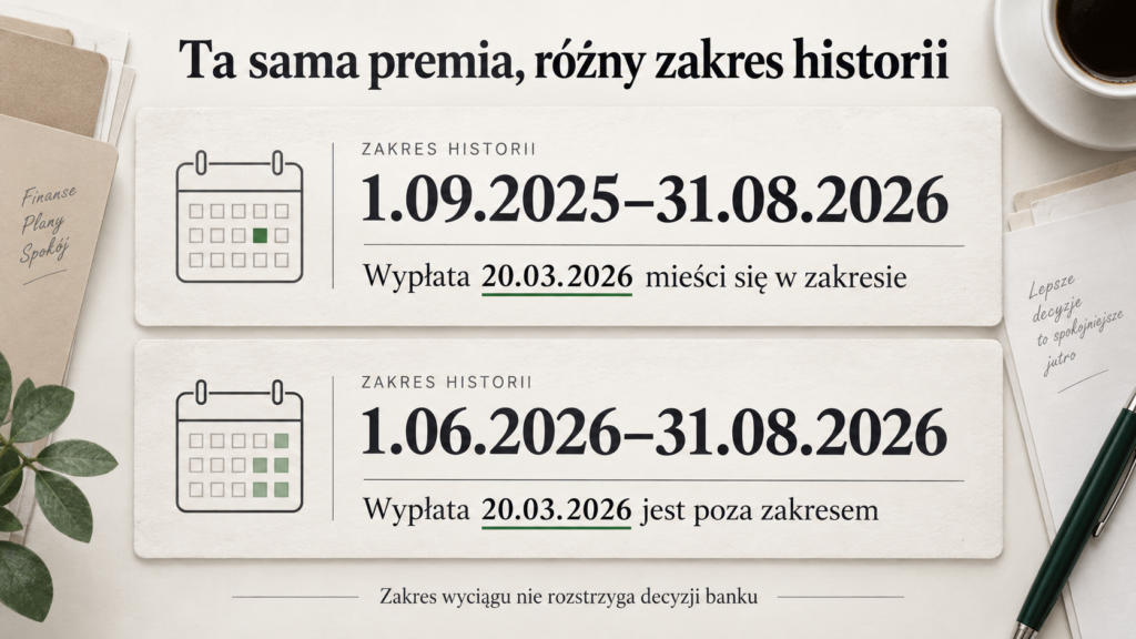 Porównanie dwóch zakresów historii rachunku z premią wypłaconą 20 marca 2026 roku
