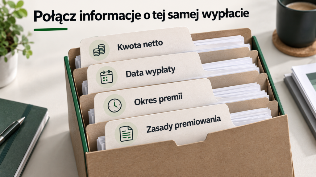 Cztery opisane zakładki dotyczące kwoty netto, daty wypłaty, okresu premii i zasad premiowania