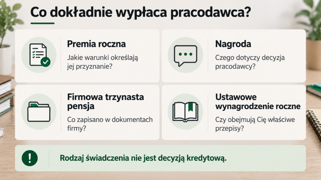 Cztery rodzaje dodatkowej wypłaty rocznej z pytaniami o podstawę jej przyznania